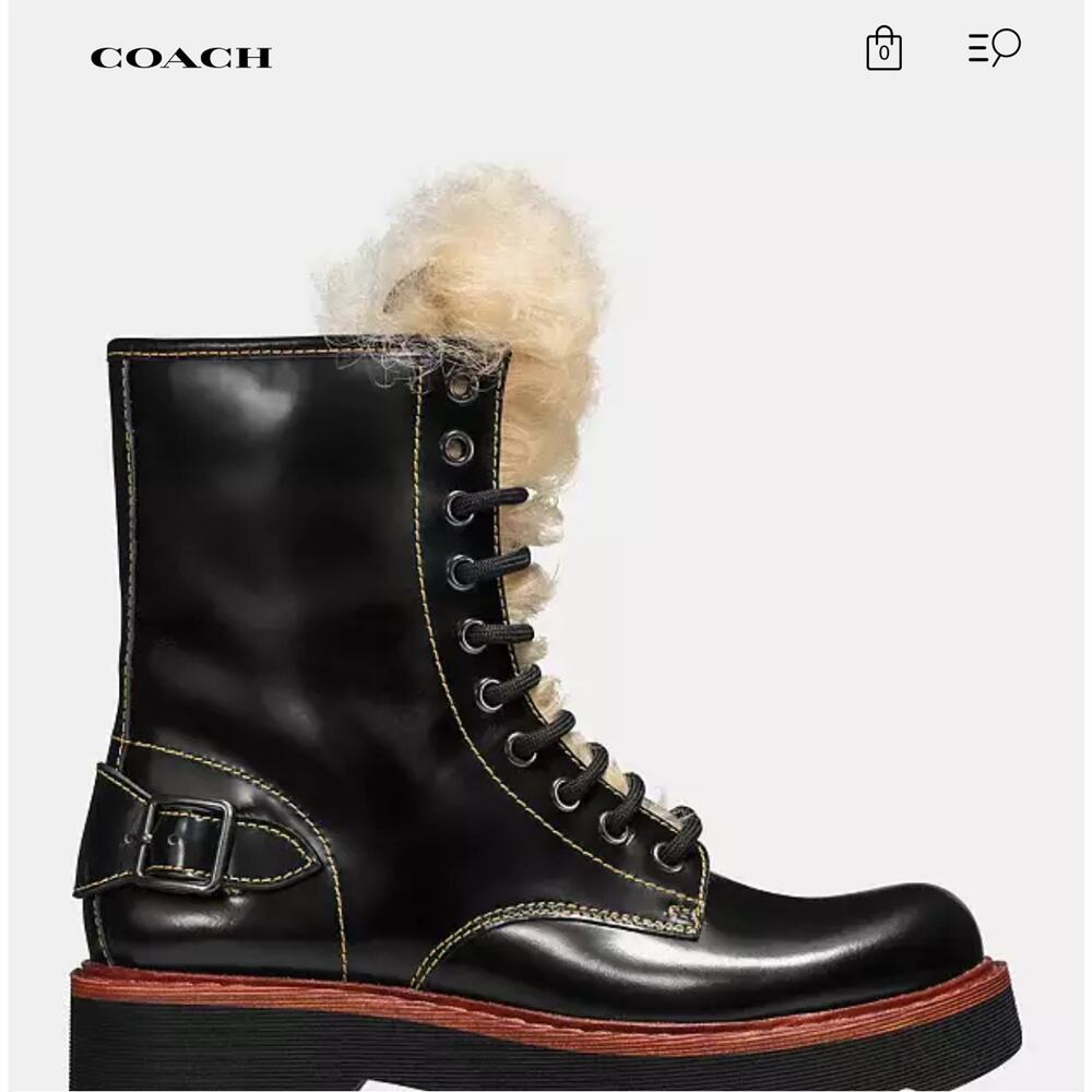 Coach Womens 7.5 Black Leather Moto Hiker Ankle Boots Shearling Platform NEW